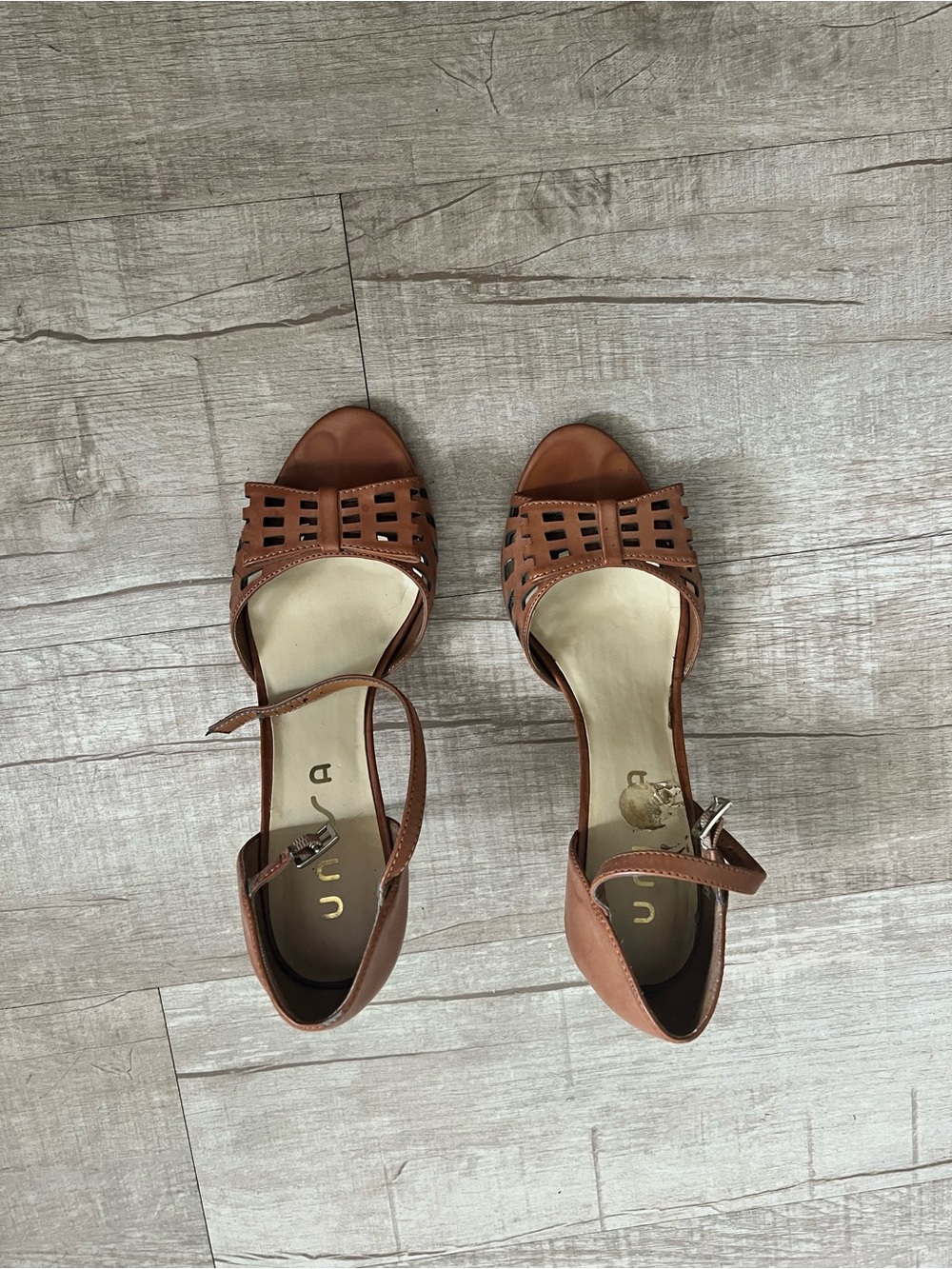 Unisa Tan Brown Perforated Peep-Toe Ankle Strap Heels